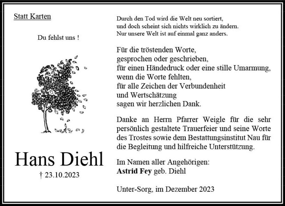  Traueranzeige für Hans Diehl vom 09.12.2023 aus Oberhessen Kurier
