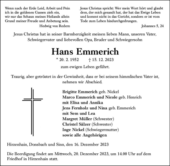 Traueranzeige von Hans Emmerich von Dill Block