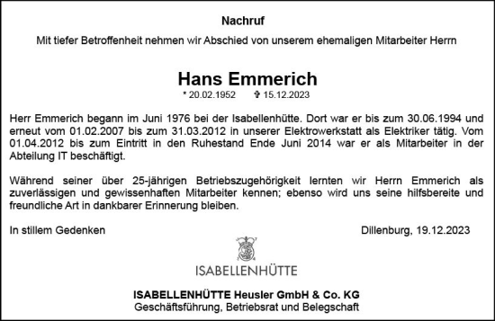 Traueranzeige von Hans Emmerich von Dill Block