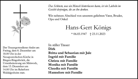 Traueranzeige von Hans-Gert Königs von Allgemeine Zeitung Bingen/Ingelheim