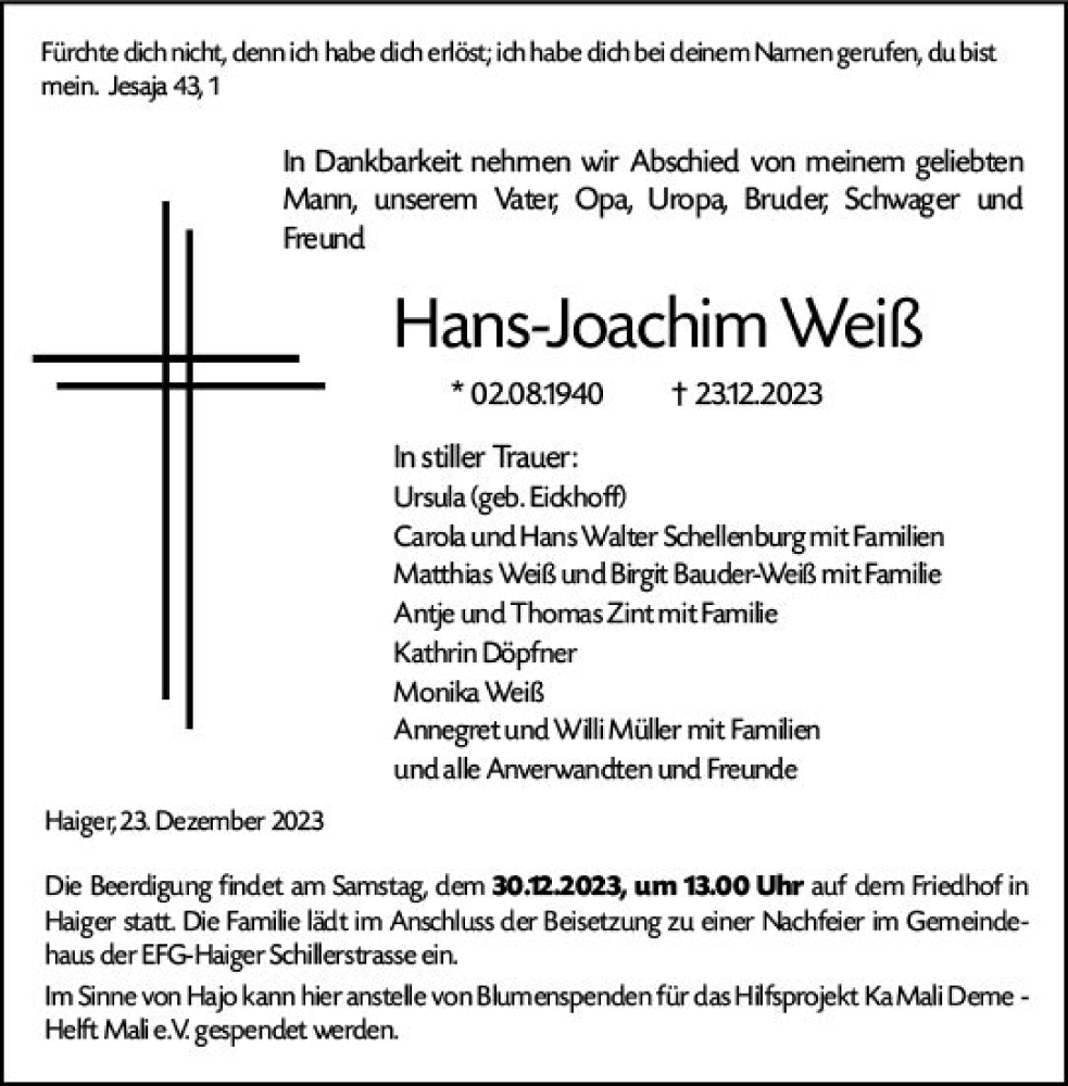  Traueranzeige für Hans-Joachim Weiß vom 28.12.2023 aus Dill Block