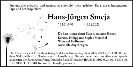 Traueranzeige von Hans-Jürgen Smeja von Rüsselsheimer Echo