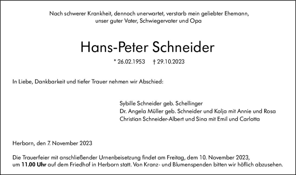  Traueranzeige für Hans-Peter Schneider vom 07.11.2023 aus Dill Block