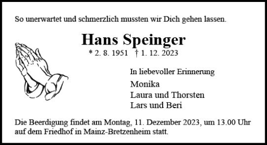Traueranzeige von Hans Speinger von Allgemeine Zeitung Mainz