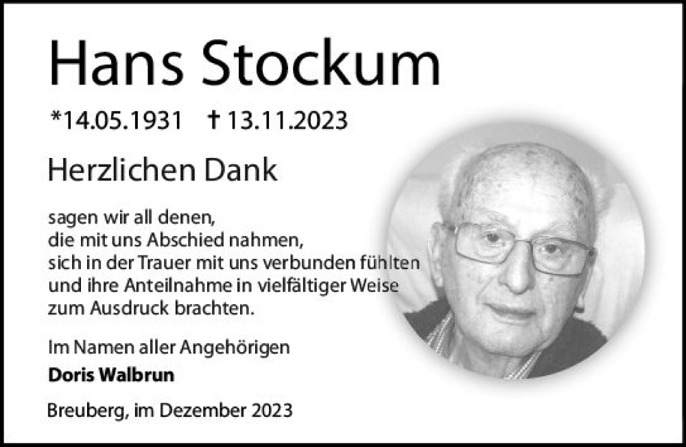  Traueranzeige für Hans Stockum vom 23.12.2023 aus Odenwälder Echo