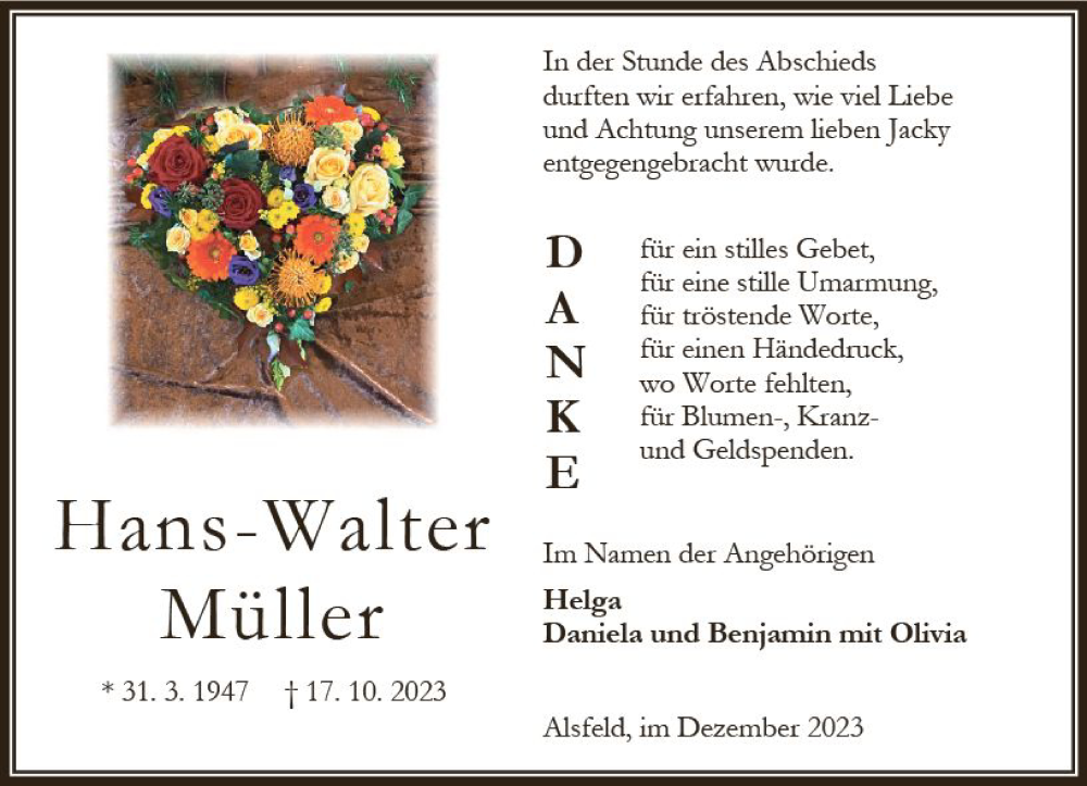  Traueranzeige für Hans-Walter Müller vom 02.12.2023 aus Oberhessen Kurier