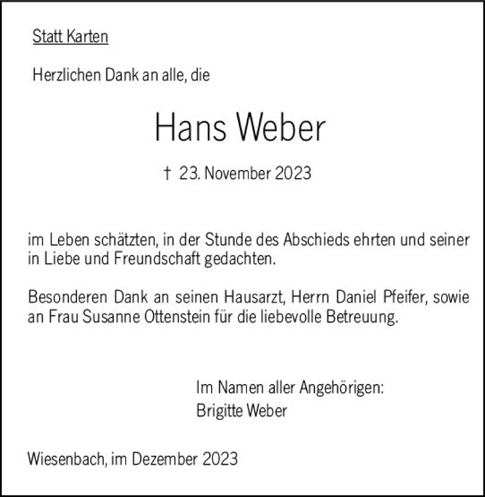  Traueranzeige für Hans Weber vom 22.12.2023 aus Hinterländer Anzeiger