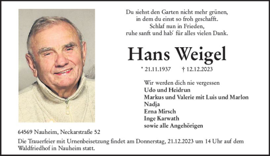 Traueranzeige von Hans Weigel von Groß-Gerauer Echo