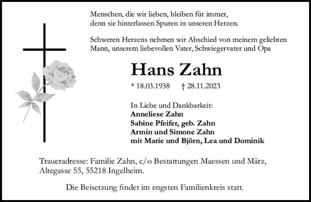  Traueranzeige für Hans Zahn vom 02.12.2023 aus Allgemeine Zeitung Bingen/Ingelheim