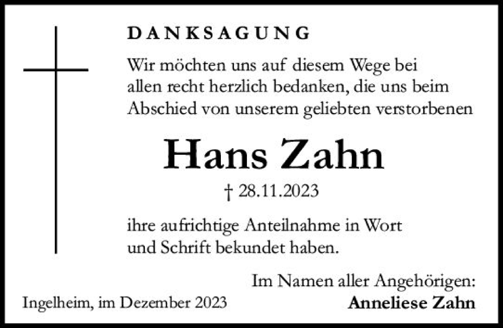  Traueranzeige für Hans Zahn vom 23.12.2023 aus Allgemeine Zeitung Bingen/Ingelheim