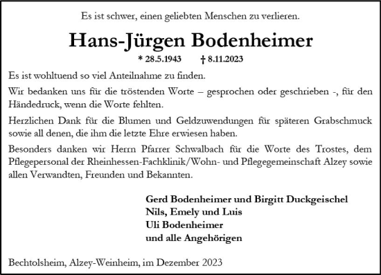 Traueranzeige von Hans Jürgen Bodenheimer von Allgemeine Zeitung Alzey