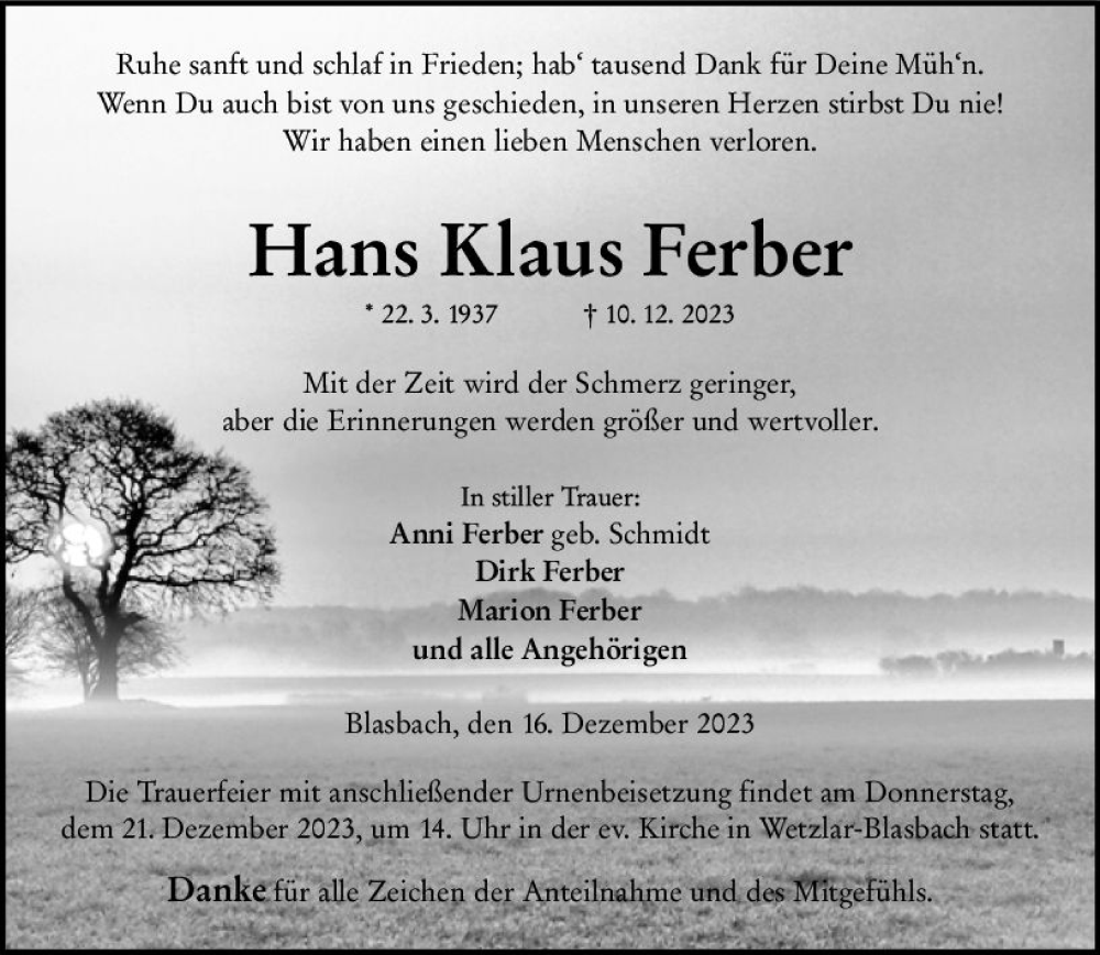  Traueranzeige für Hans Klaus Ferber vom 16.12.2023 aus Wetzlarer Neue Zeitung