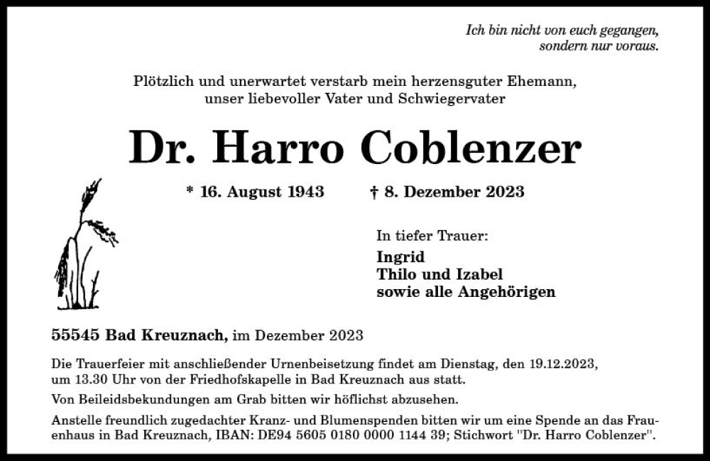  Traueranzeige für Harro Coblenzer vom 15.12.2023 aus Allgemeine Zeitung Bad Kreuznach