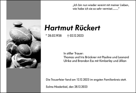 Traueranzeige von Hartmut Rückert von Wetzlarer Neue Zeitung