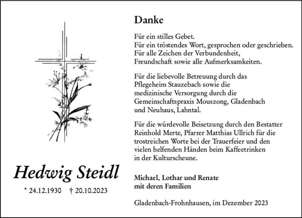  Traueranzeige für Hedwig  Steidl vom 16.12.2023 aus Hinterländer Anzeiger