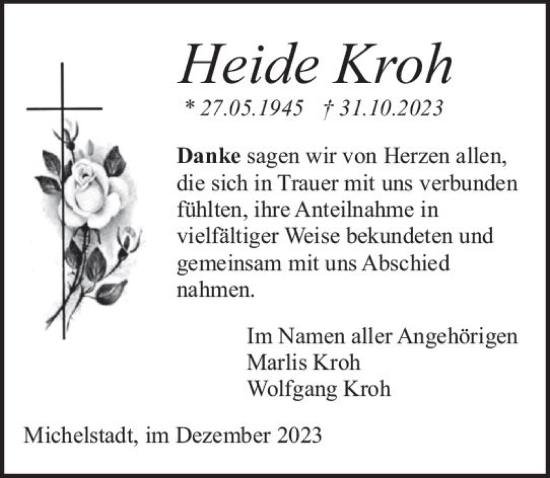 Traueranzeige von Heide Kroh von Odenwälder Echo