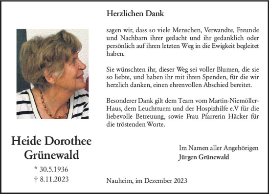 Traueranzeige von Heide Dorothee Grünewald von Rüsselsheimer Echo