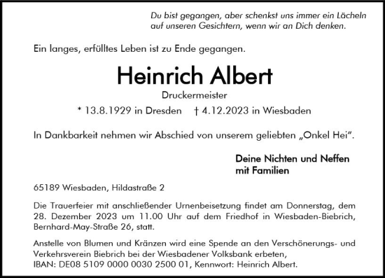 Traueranzeige von Heinrich Albert von Wiesbadener Kurier