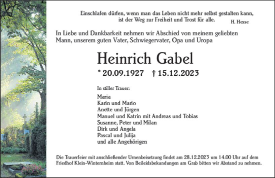 Traueranzeige von Heinrich Gabel von Allgemeine Zeitung Mainz