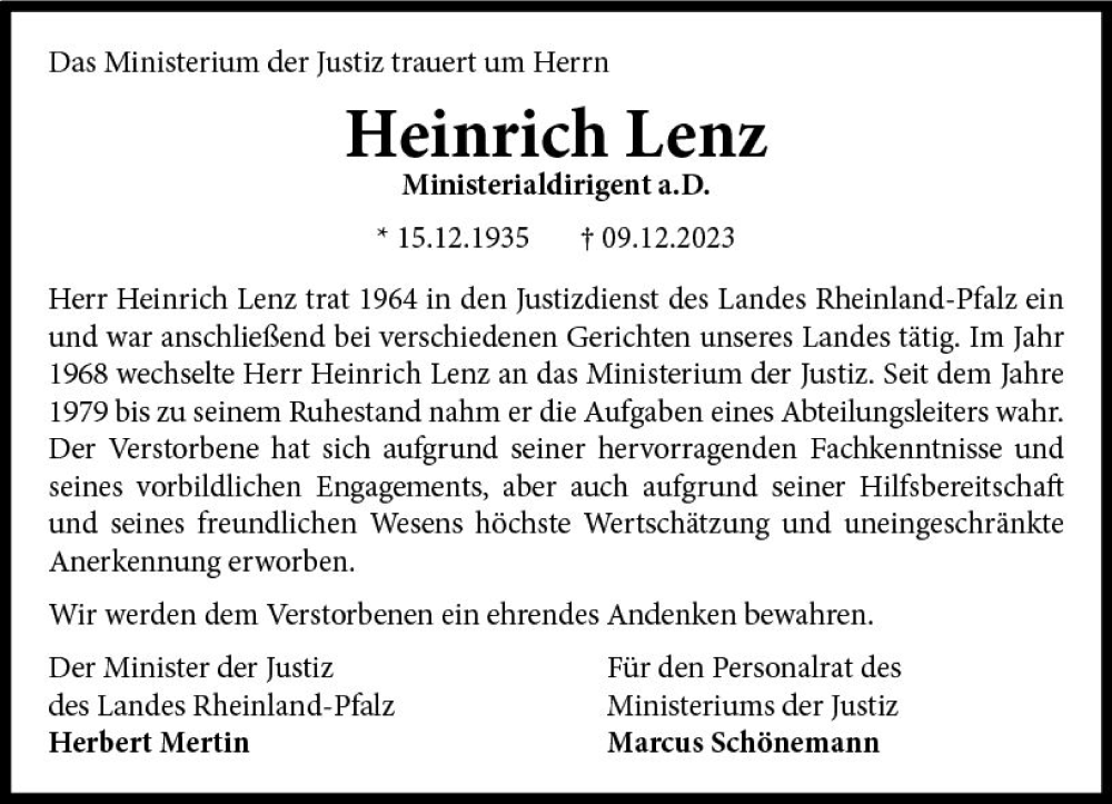  Traueranzeige für Heinrich Lenz vom 23.12.2023 aus Allgemeine Zeitung Mainz