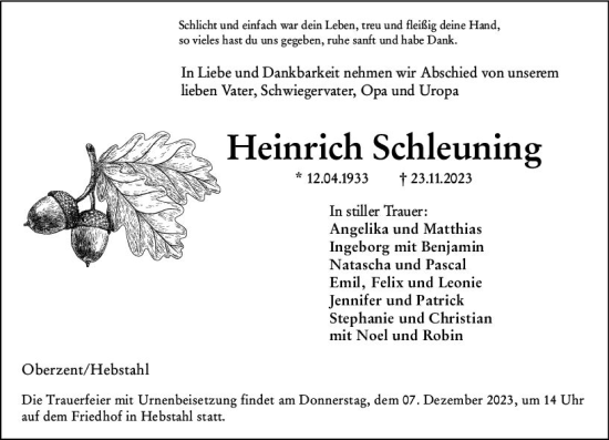Traueranzeige von Heinrich Schleuning von Odenwälder Echo