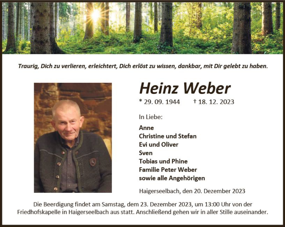  Traueranzeige für Heinz Weber vom 20.12.2023 aus Dill Block