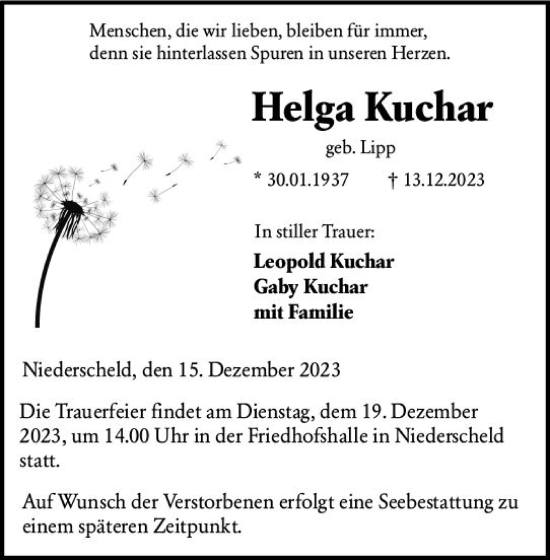 Traueranzeige von Helag Kuchar von Dill Block