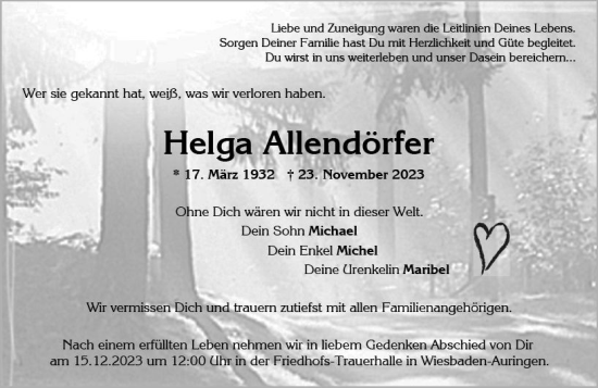 Traueranzeige von Helga Allendörfer von Wiesbadener Kurier