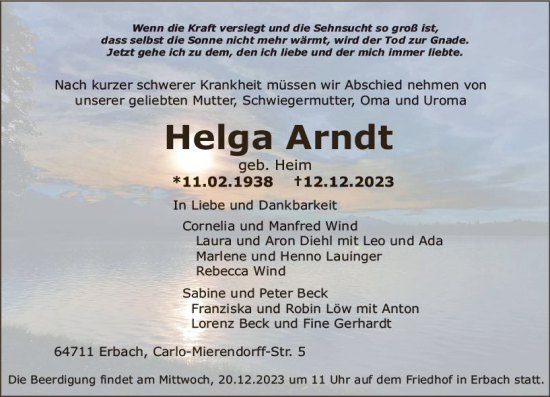Traueranzeige von Helga Arndt von Odenwälder Echo