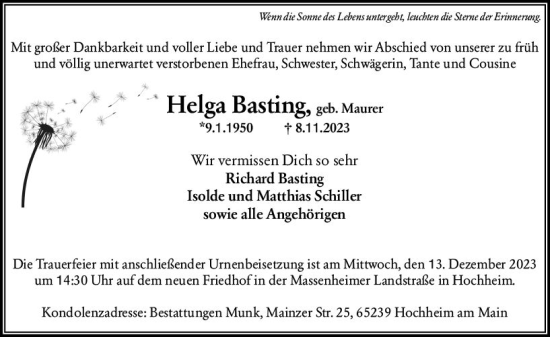 Traueranzeige von Helga Basting von Hochheimer Zeitung