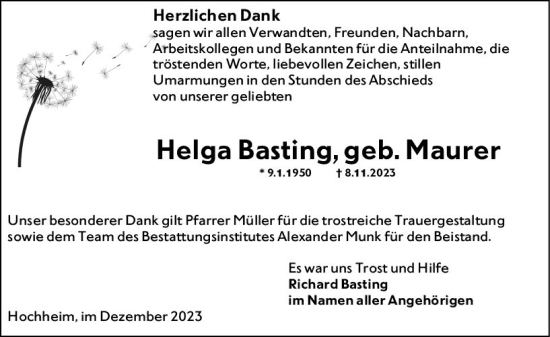 Traueranzeige von Helga Basting von Hochheimer Zeitung