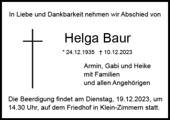 Traueranzeige von Helga Baur von Dieburger Anzeiger/Groß-Zimmerner Lokal-Anzeiger