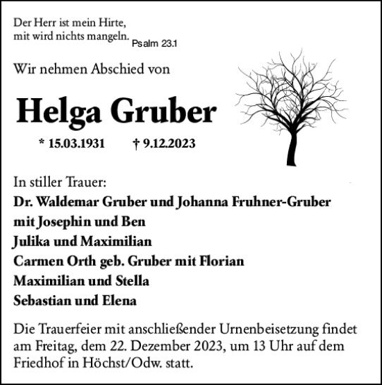 Traueranzeige von Helga Gruber von Odenwälder Echo