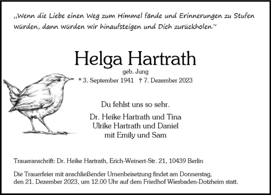 Traueranzeige von Helga Hartrath von Wiesbadener Kurier