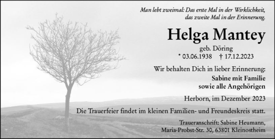 Traueranzeige von Helga Mantey von Dill Block