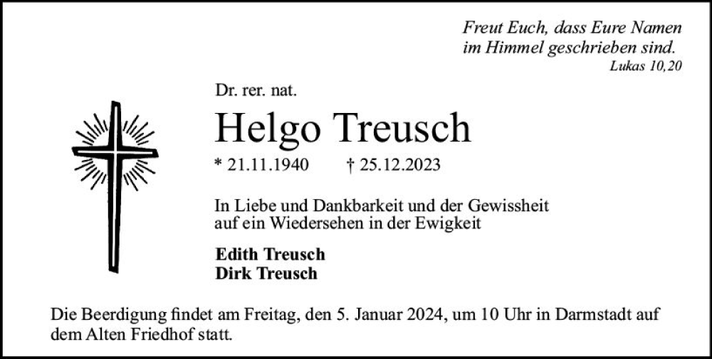  Traueranzeige für Helgo Treusch vom 30.12.2023 aus Darmstädter Echo