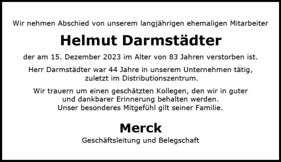Traueranzeige von Helmut Darmstädter von Darmstädter Echo