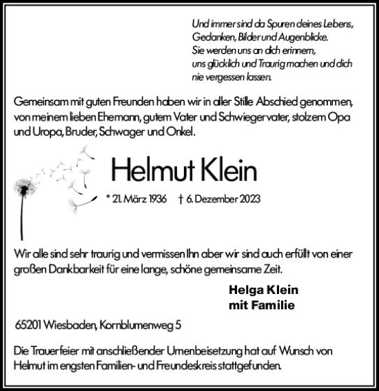 Traueranzeige von Helmut Klein von Wiesbadener Kurier