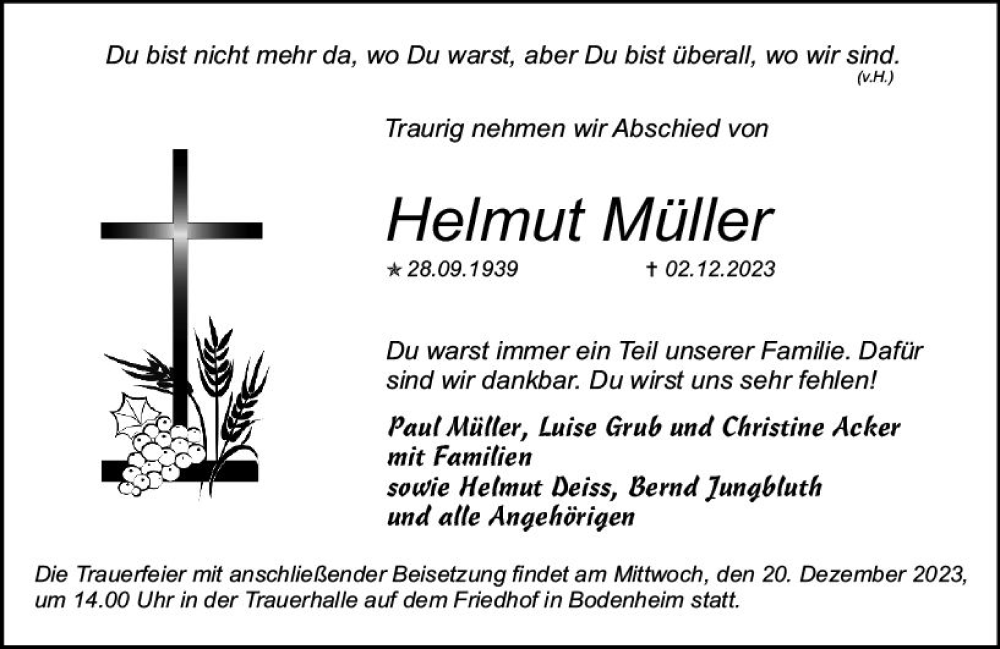  Traueranzeige für Helmut Müller vom 16.12.2023 aus Allgemeine Zeitung Mainz
