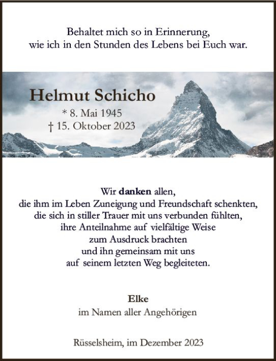 Traueranzeige von Helmut Schicho von Rüsselsheimer Echo