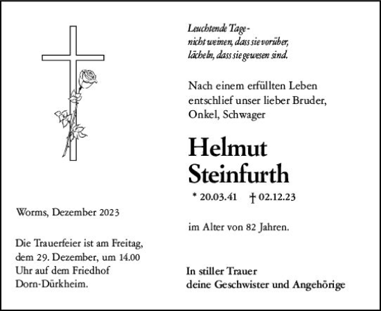 Traueranzeige von Helmut Steinfurth von Wormser Zeitung