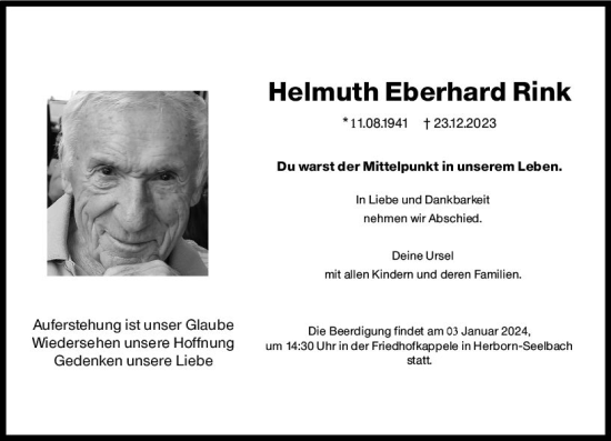 Traueranzeige von Helmuth Eberhard Rink von Dill Block