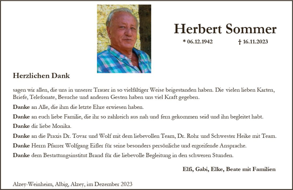  Traueranzeige für Herbert Sommer vom 23.12.2023 aus Allgemeine Zeitung Alzey