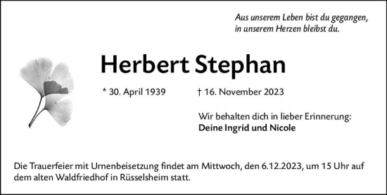 Traueranzeige von Herbert Stephan von Rüsselsheimer Echo
