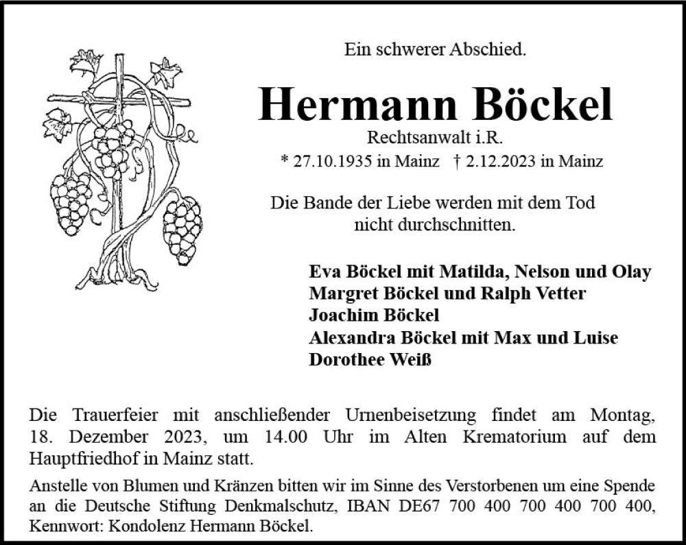  Traueranzeige für Hermann Böckel vom 09.12.2023 aus Allgemeine Zeitung Mainz