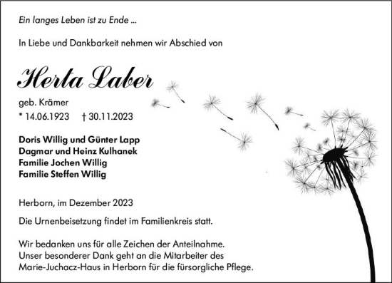 Traueranzeige von Herta Laber von Dill Block