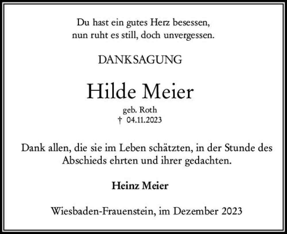  Traueranzeige für Hilde Meier vom 02.12.2023 aus Wiesbadener Kurier