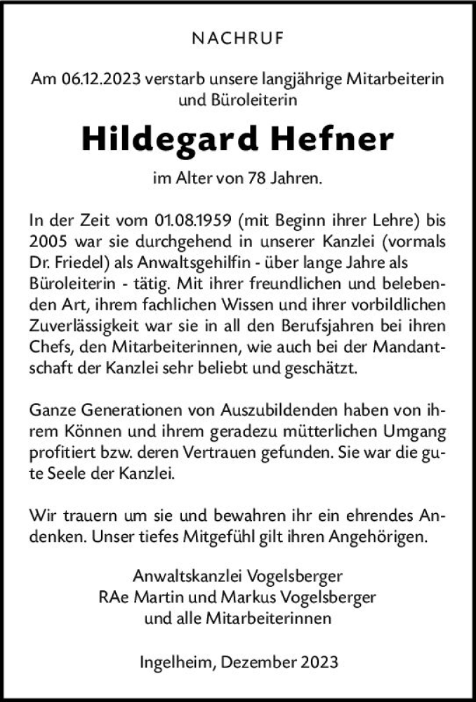  Traueranzeige für Hildegard Hefner vom 09.12.2023 aus Allgemeine Zeitung Bingen/Ingelheim