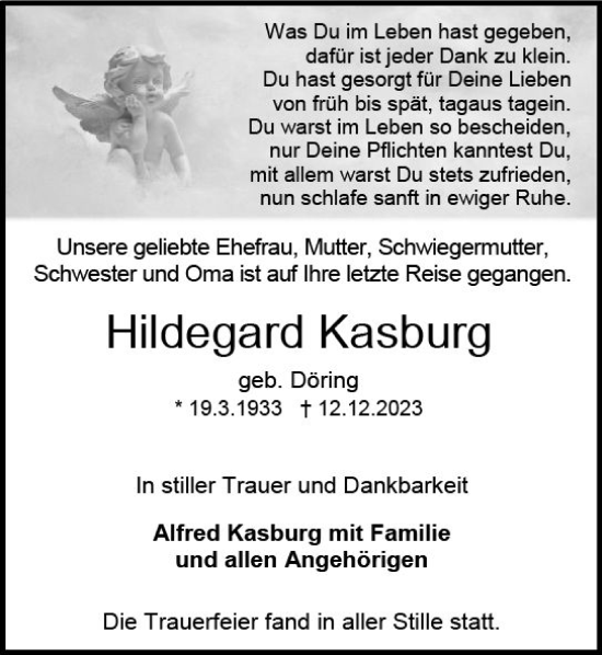 Traueranzeige von Hildegard Kasburg von Darmstädter Echo