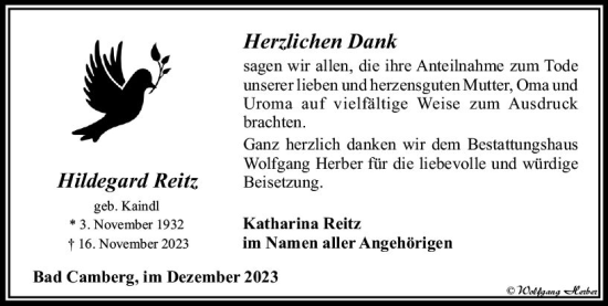 Traueranzeige von Hildegard Reitz von Camberger Anzeiger